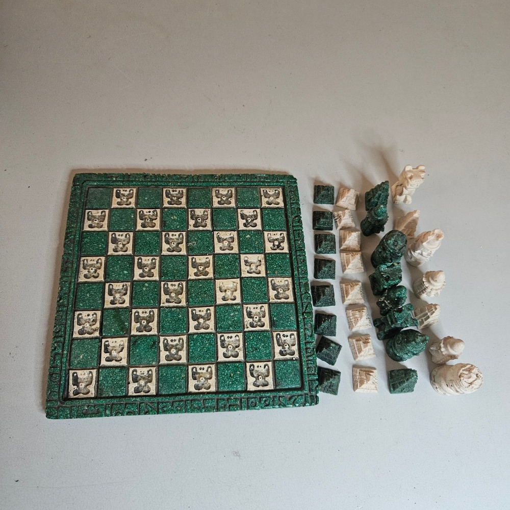 Vintage Aztec Mayan Guatemala Chess Set Green Stone Resin Board Pieces 7.75in